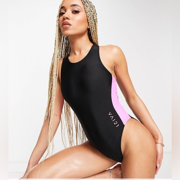 ASOS Exclusive VAI21 racerback swimsuit in black/pink- US 8 - Picture 2 of 4
